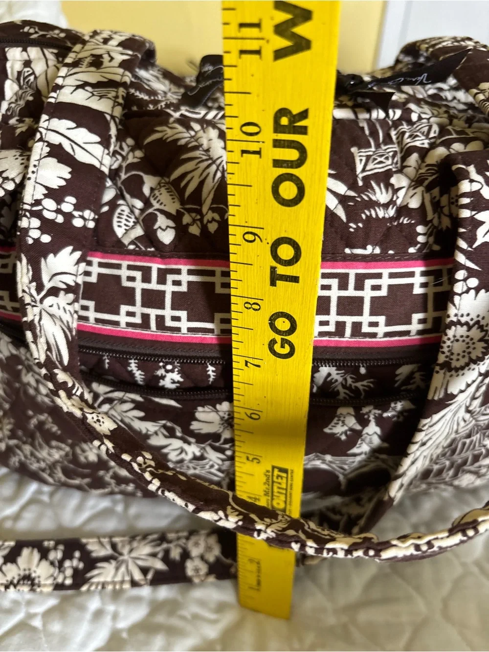 Vera Bradley Brown and Cream Quilted Duffel Diaper Bag with Pink Trim